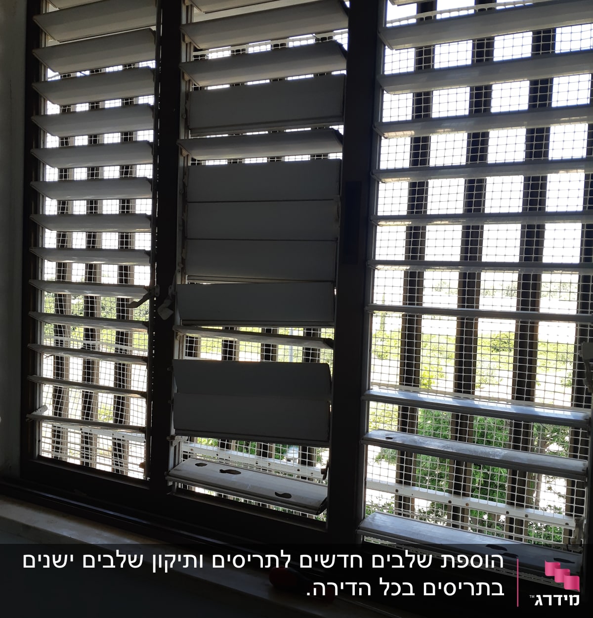 תריסים פתוחים עם רשת מתכת על חלון